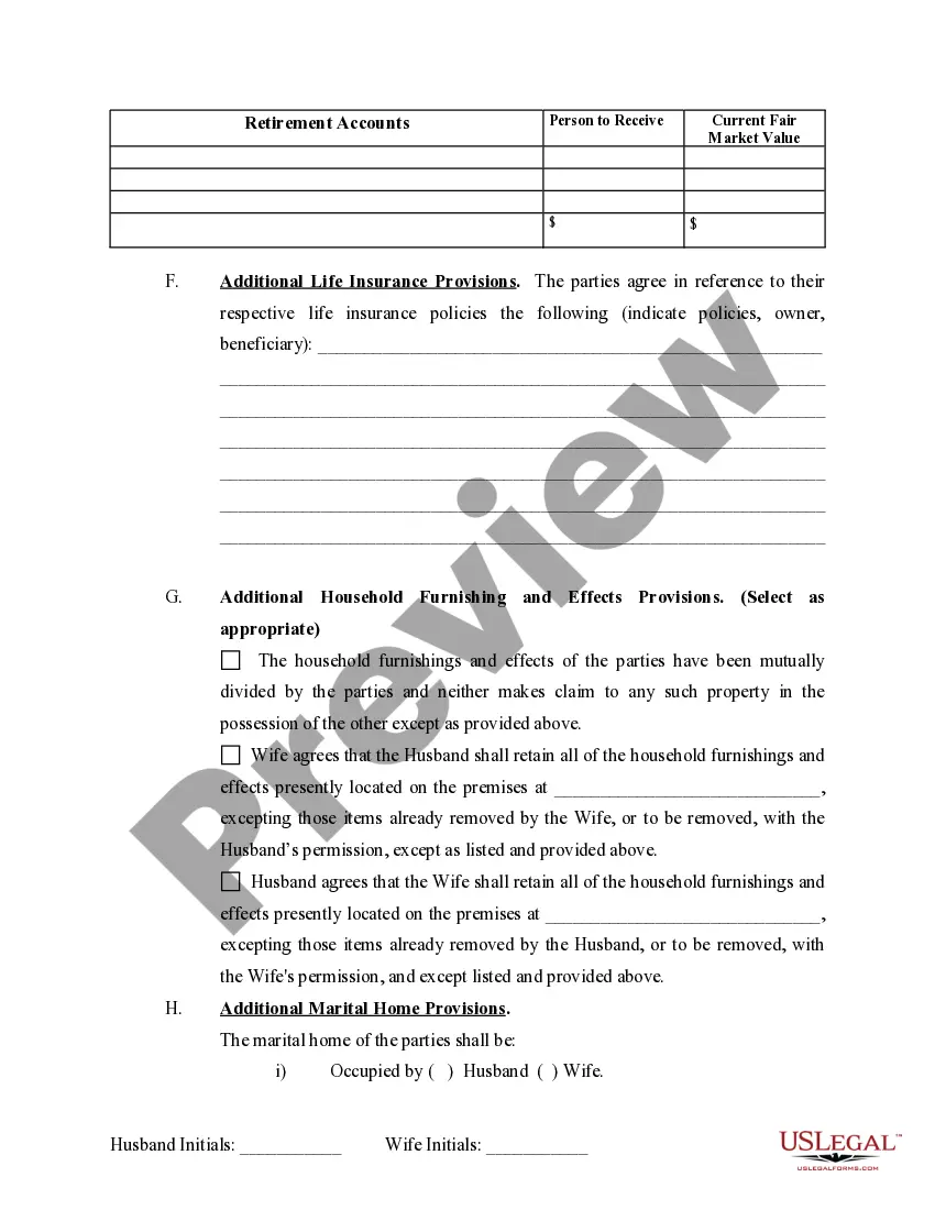 Preview Marital Domestic Separation and Property Settlement Agreement no Children parties may have Joint Property or Debts where Divorce Action Filed