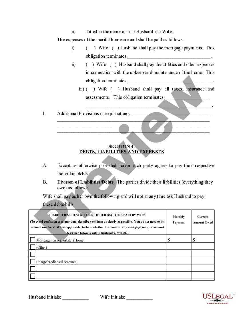 Preview Marital Domestic Separation and Property Settlement Agreement no Children parties may have Joint Property or Debts where Divorce Action Filed
