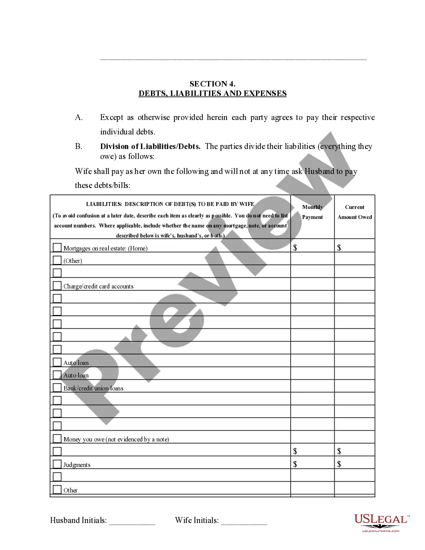 Preview Marital Domestic Separation and Property Settlement Agreement no Children parties may have Joint Property or Debts Effective Immediately