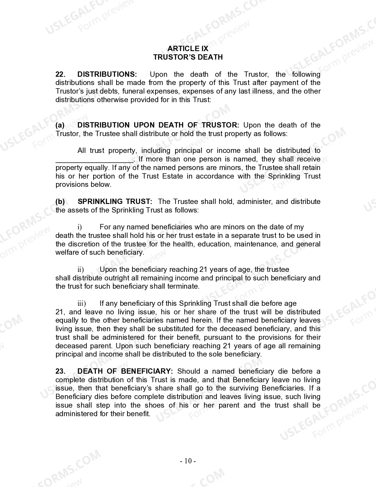 Preview Living Trust for Individual Who is Single, Divorced or Widow or Widower with No Children