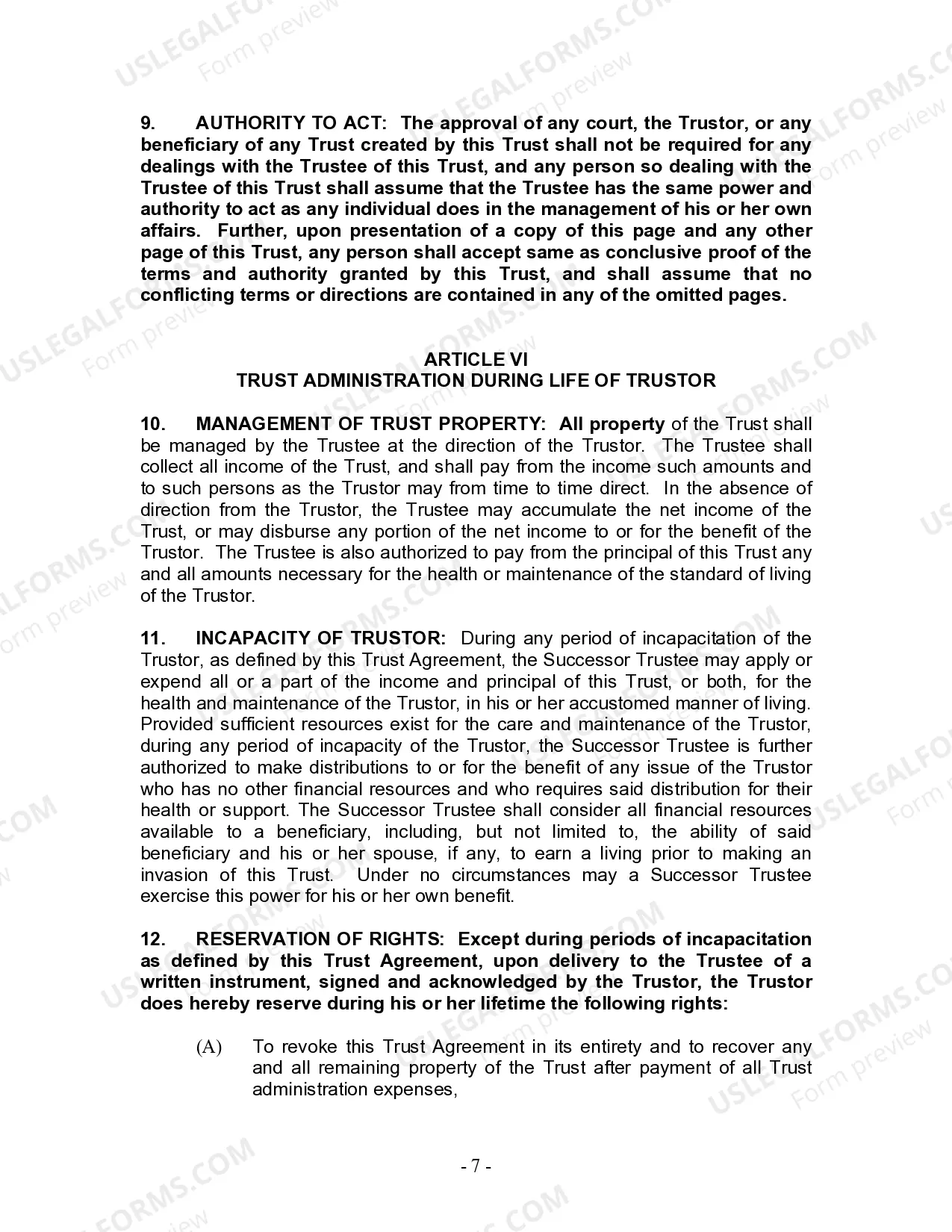 Preview Living Trust for Individual Who is Single, Divorced or Widow or Widower with No Children