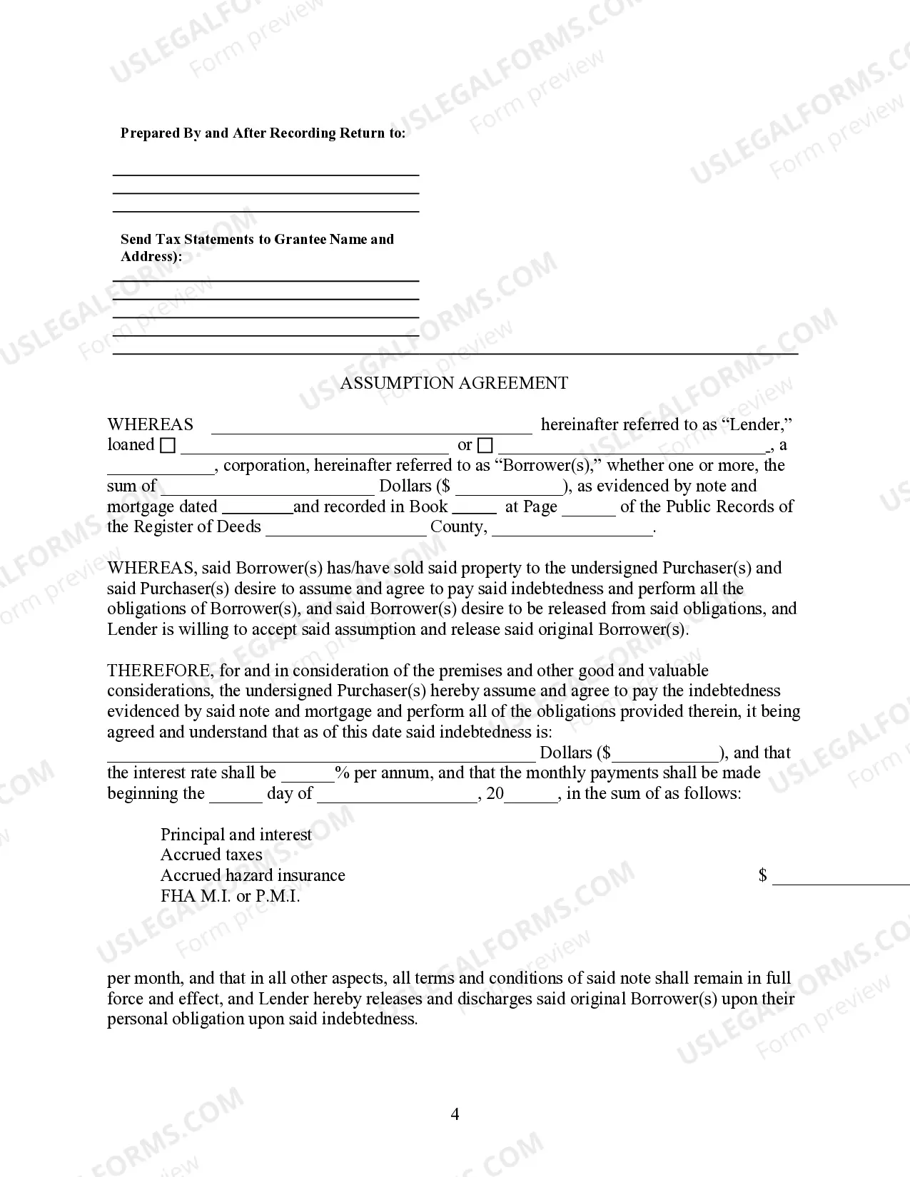 Preview Assumption Agreement of Mortgage and Release of Original Mortgagors