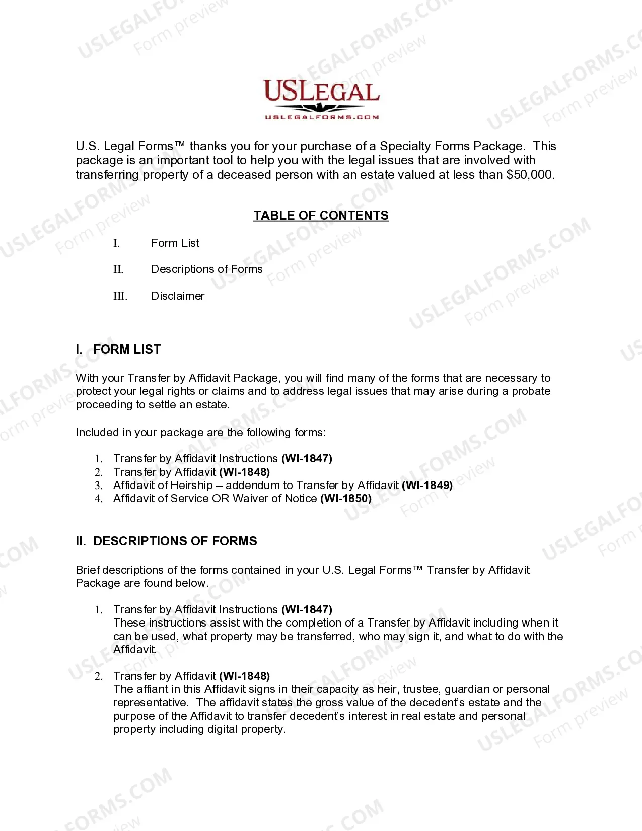 Preview Wisconsin Small Estate Heirship Affidavit Package for Estates Not More Than $50,000