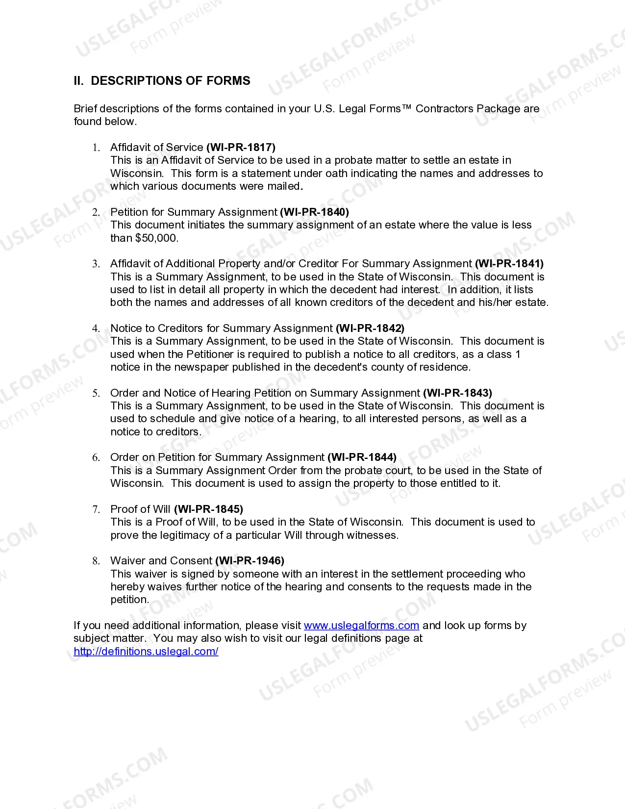 Preview Wisconsin Summary Assignment Package for Estates under $50,000 - Small Estates