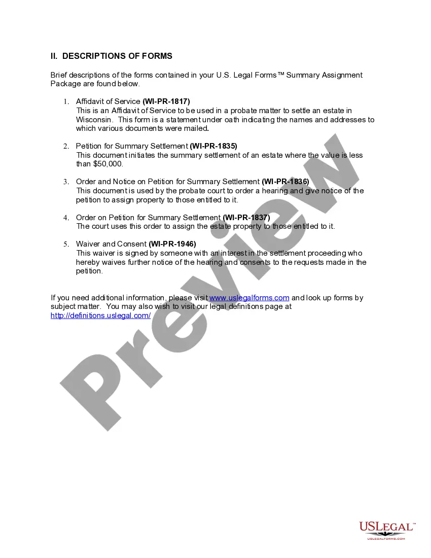 Preview Wisconsin Summary Settlement Package for Estates under $50,000 - Small Estates