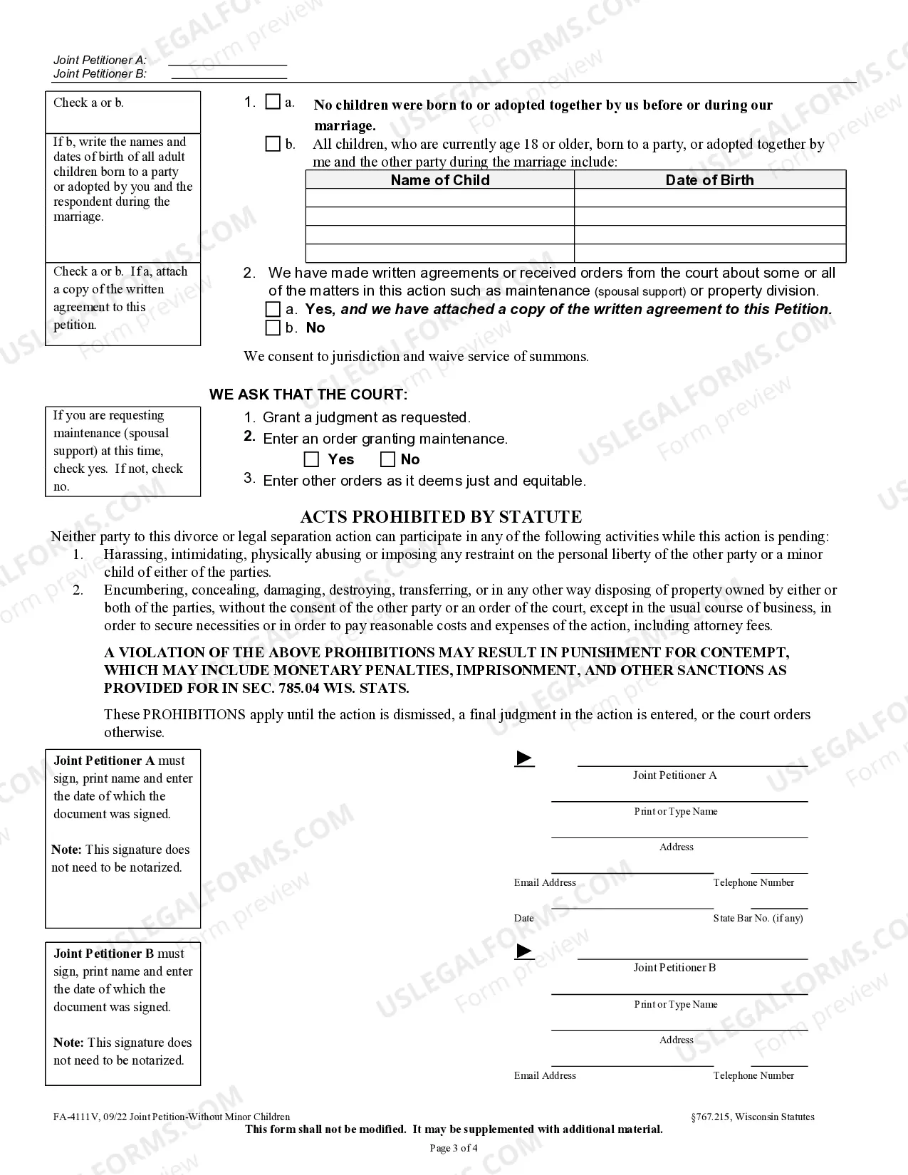 Preview Joint Petition without Minor Children