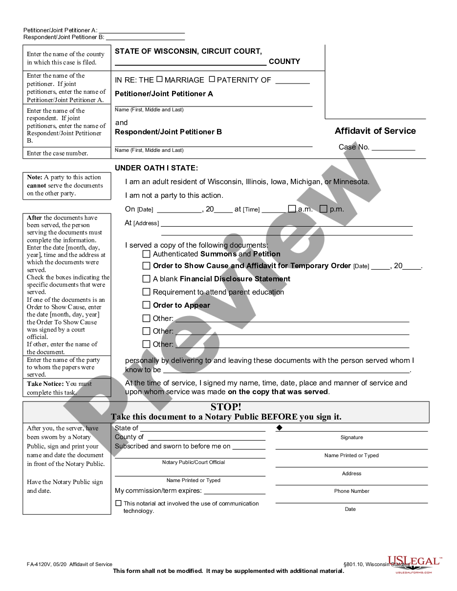 Wisconsin Affidavit Of Service Affidavit Of Service Us Legal Forms 0173