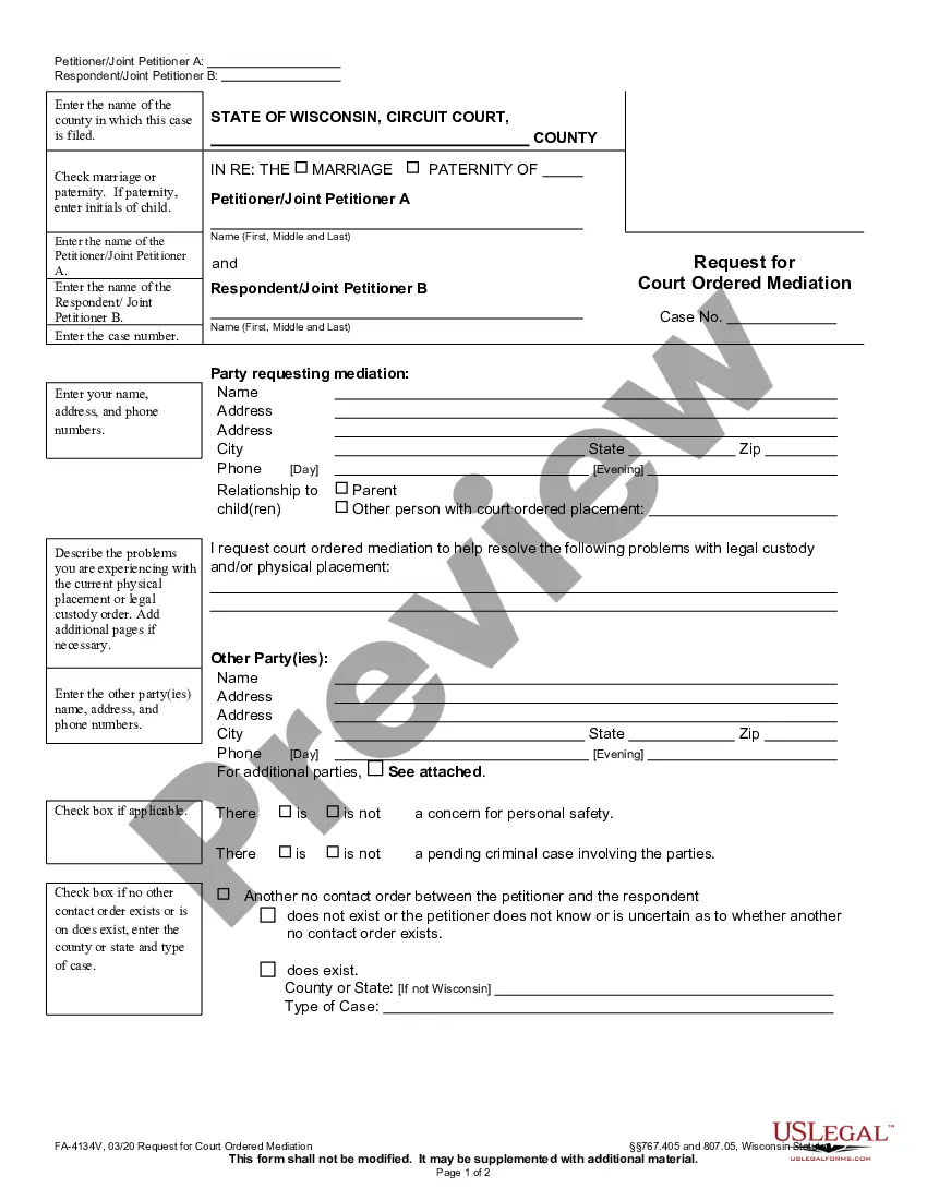 Wisconsin Request For Court Ordered Mediation - Court Ordered Mediation ...