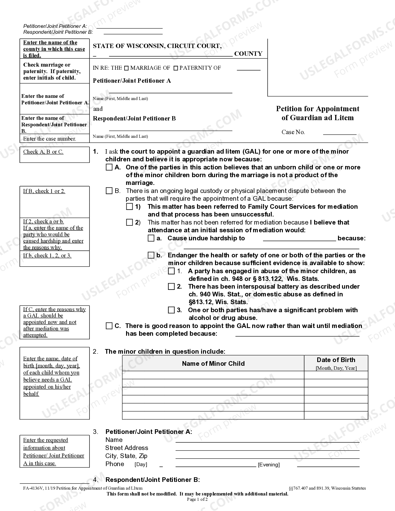 Green Bay Wisconsin Petition For Appointment Of Guardian Ad Litem US