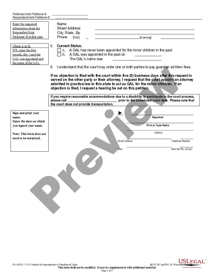 Wisconsin Petition For Appointment Of Guardian Ad Litem US Legal Forms