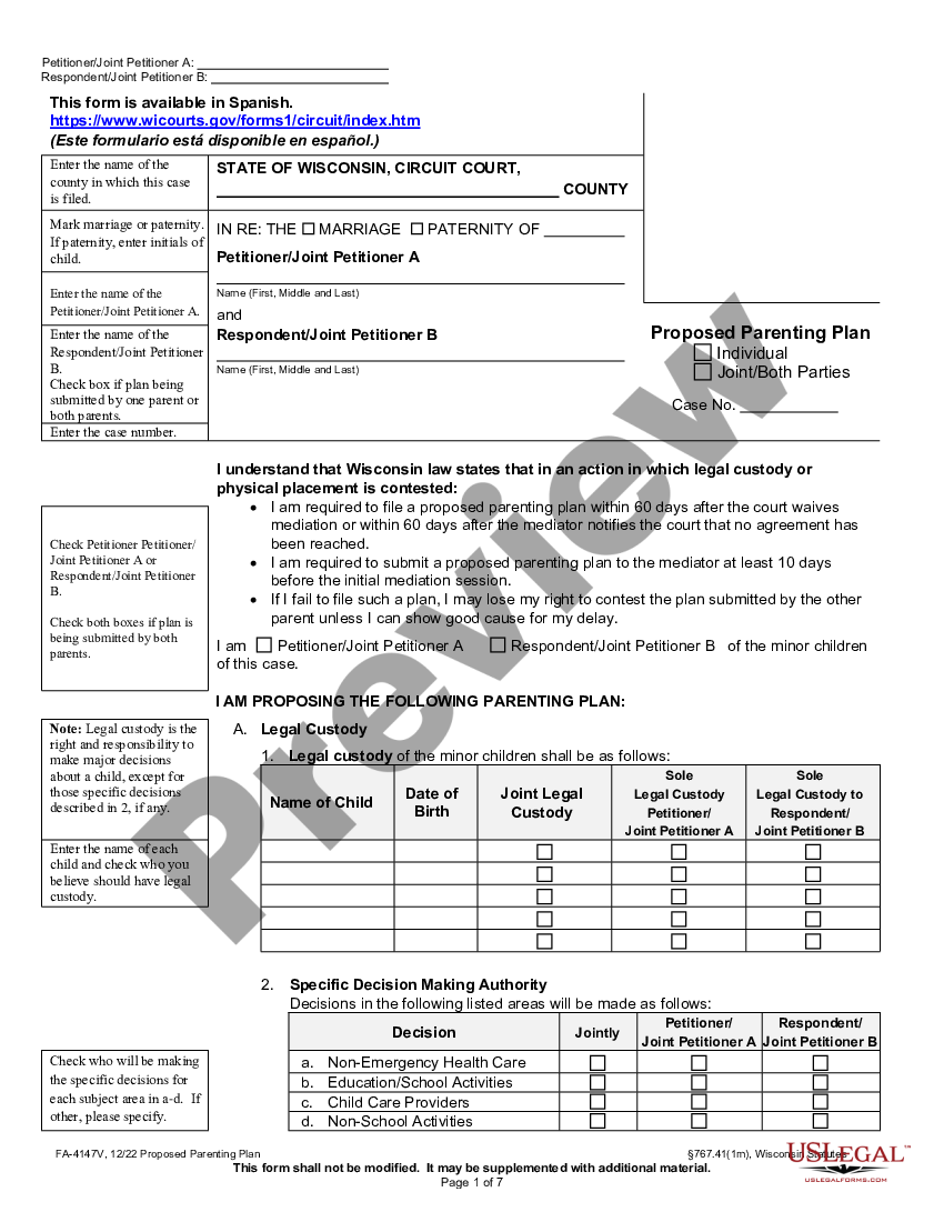 Wisconsin Parenting Plan With Supervised Visitation | US Legal Forms