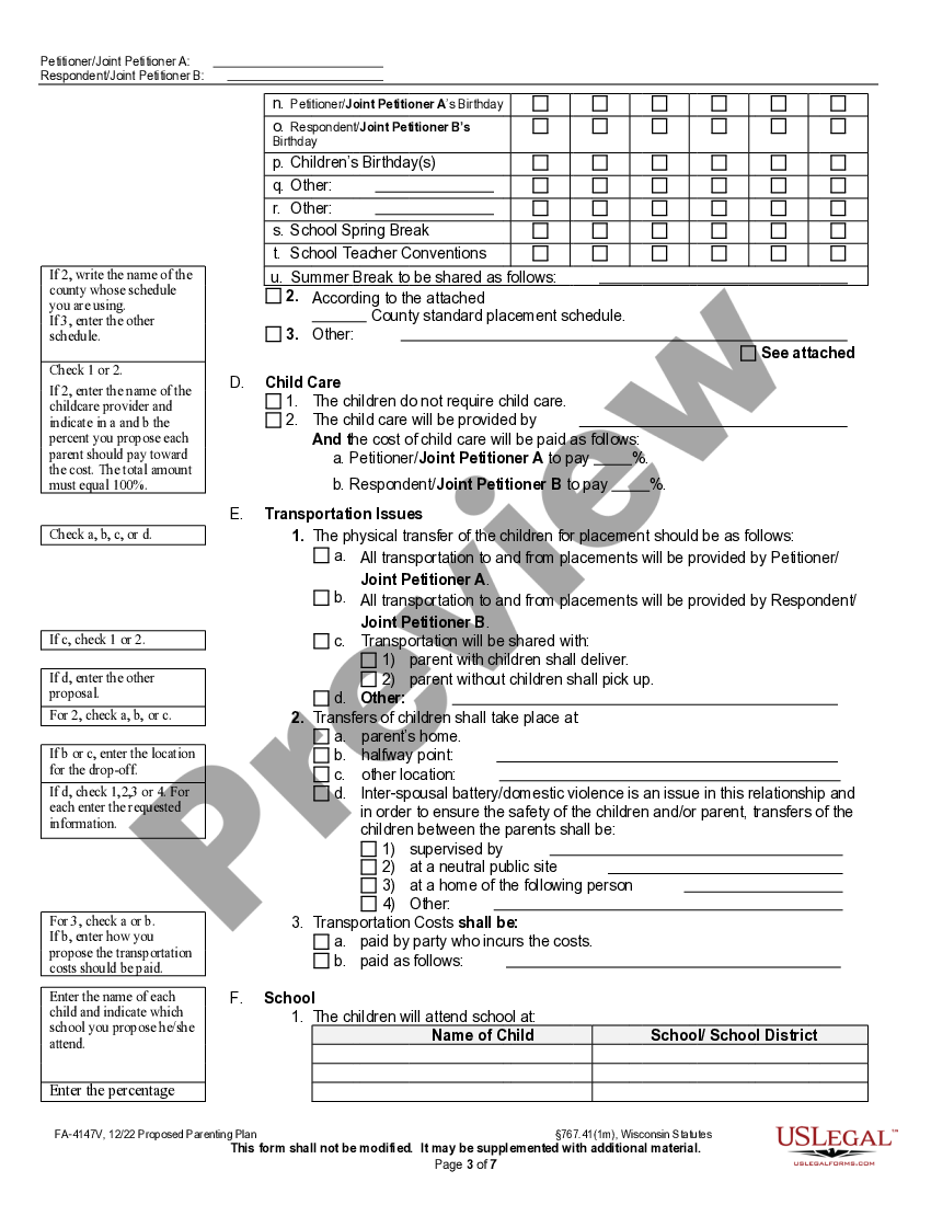 Wisconsin Parenting Plan With Supervised Visitation US Legal Forms
