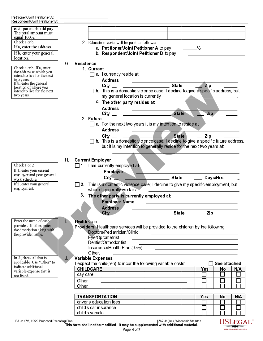 Wisconsin Parenting Plan With Supervised Visitation US Legal Forms