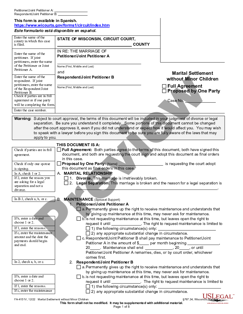 Wisconsin Marital Settlement Agreement Marital Settlement Agreement Wisconsin Us Legal Forms