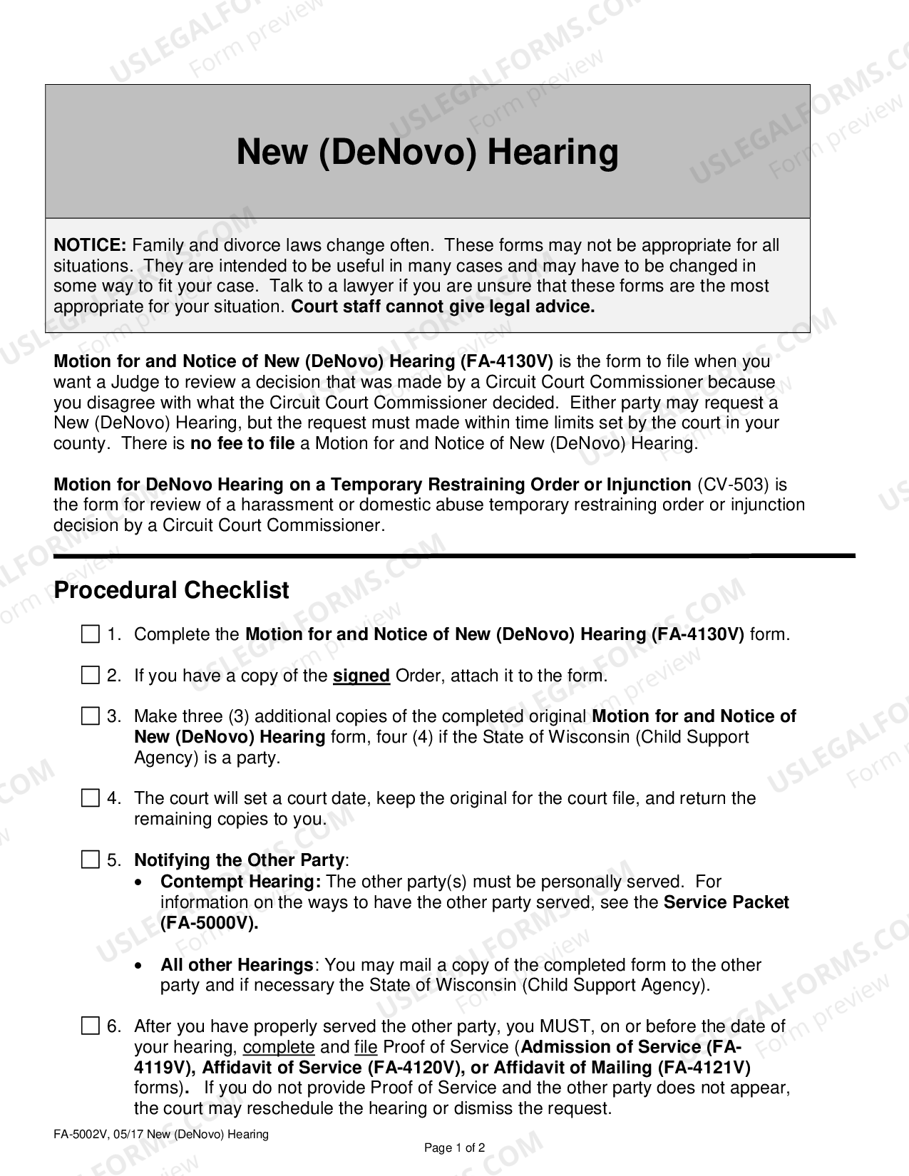 Wisconsin Instructions on New (DeNovo) Hearing Denovo Hearing US
