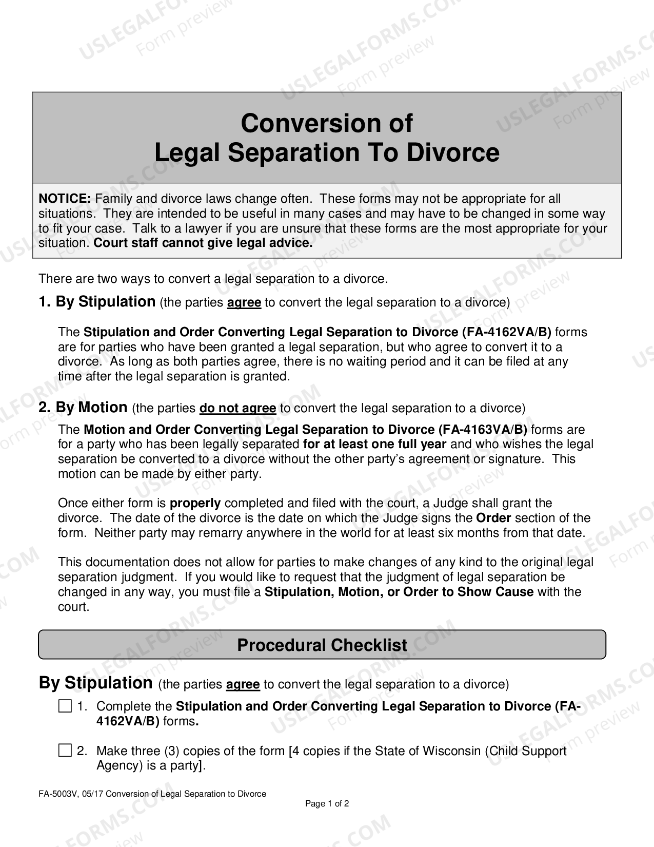 Wisconsin Conversion Of Legal Separation To Divorce US Legal Forms
