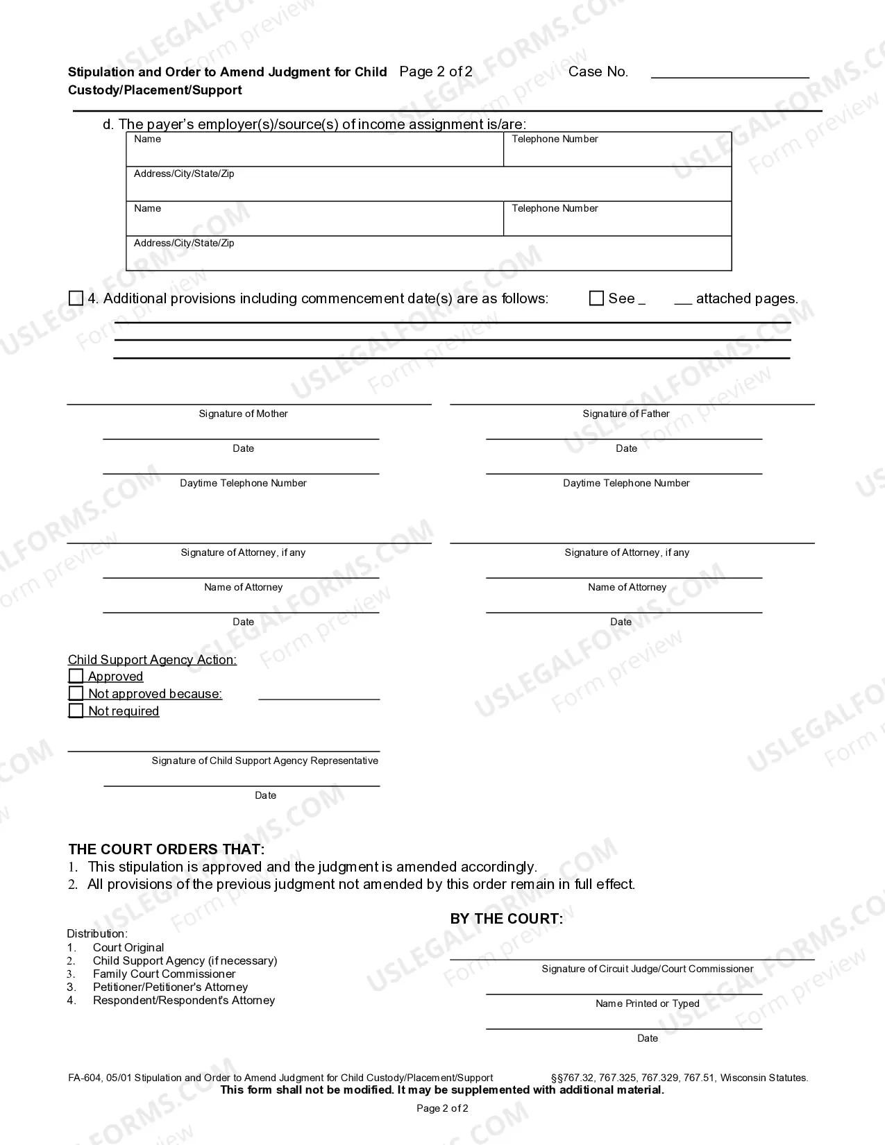 Preview Stipulation and Order to Amend Judgment for Child Custody - Placement - Support