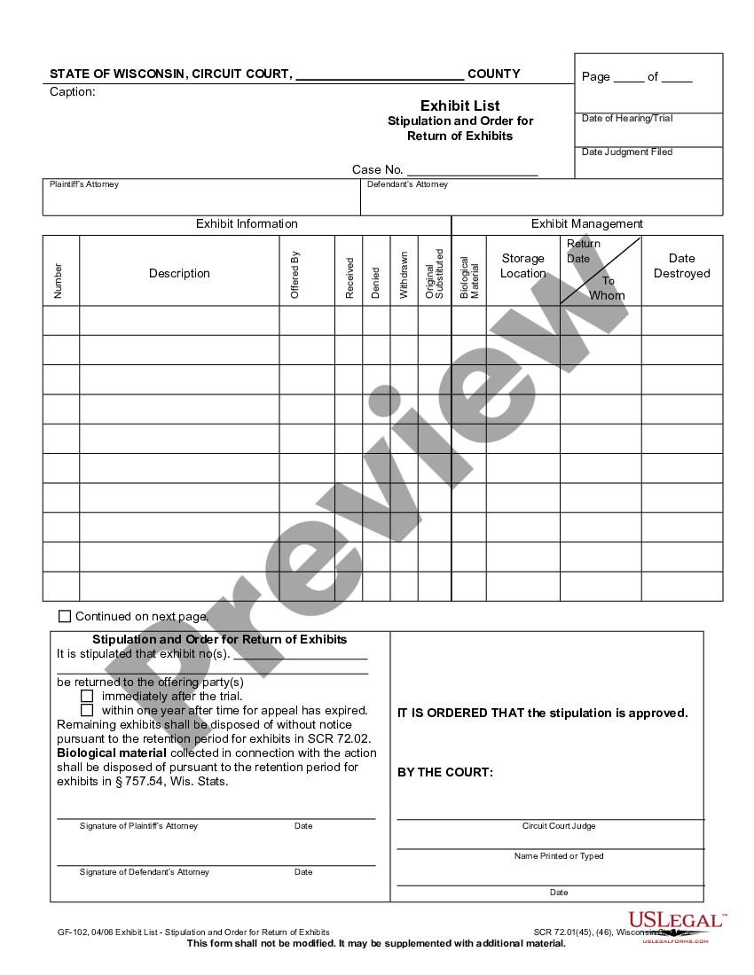 Wisconsin Exhibit List Stipulation And Order For Return Of Exhibits