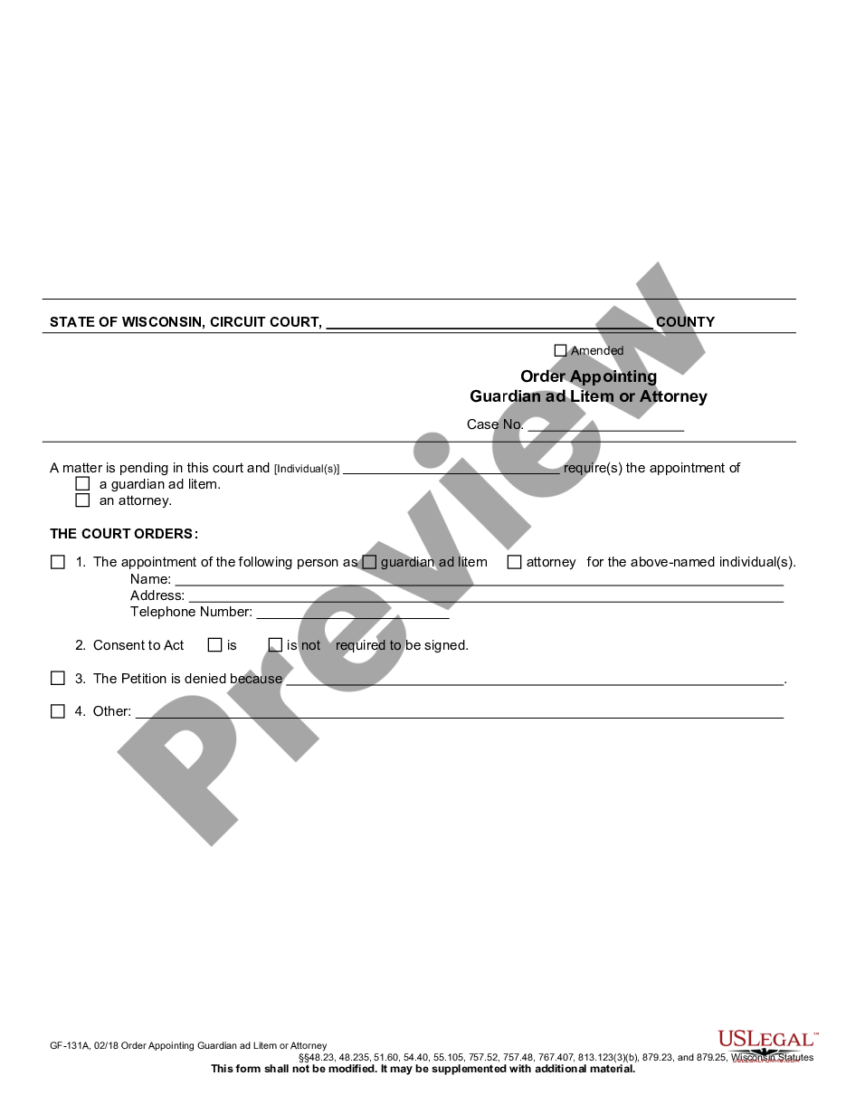 form Order Appointing Counsel or Guardian Ad Litem preview
