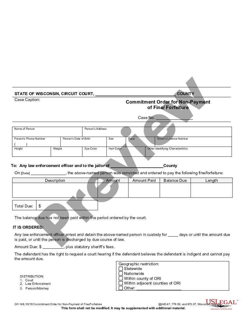 Wisconsin Commitment Order For NonPayment Of Fine / Forfeiture | US ...