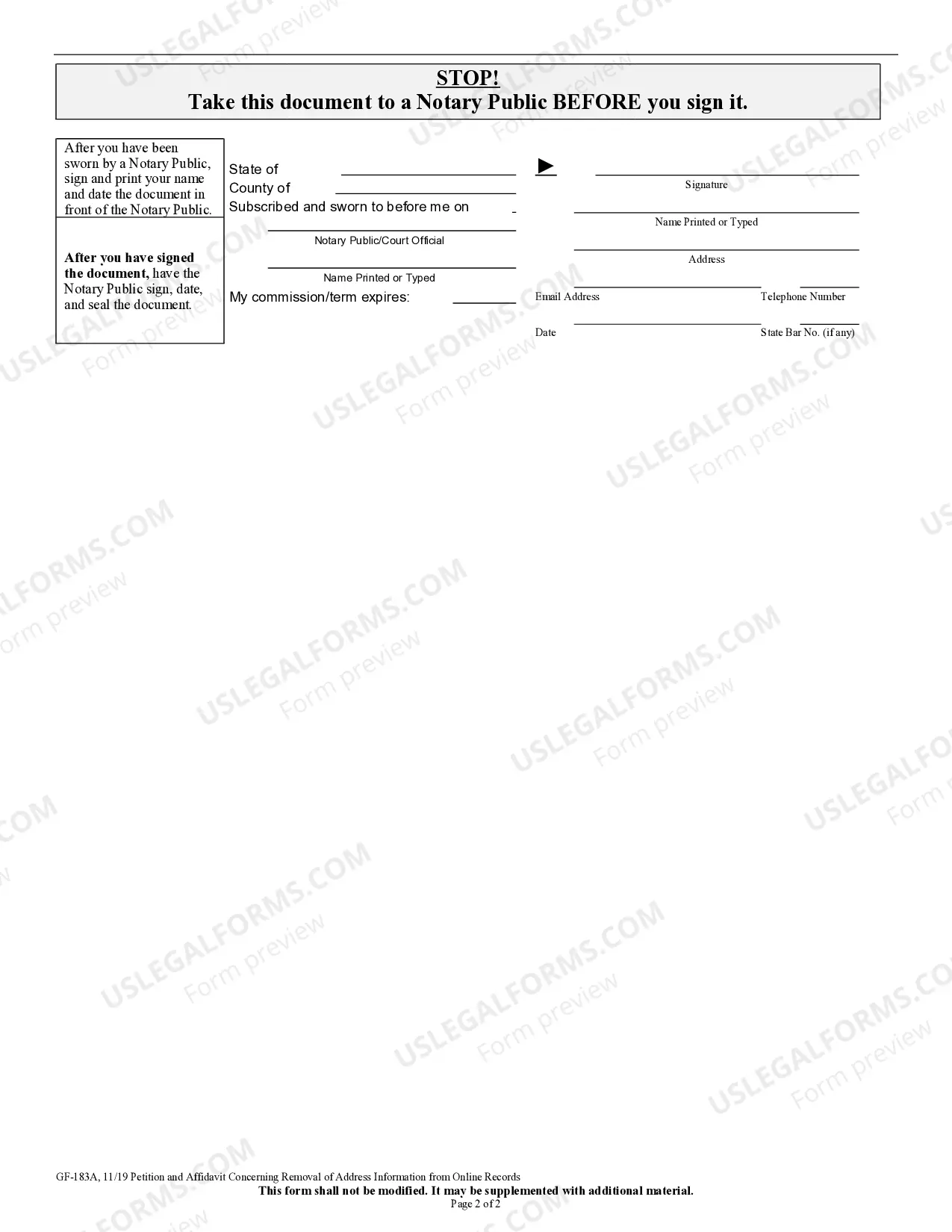 Preview Petition, Affidavit and Order concerning Removal of Address Information from Online Records