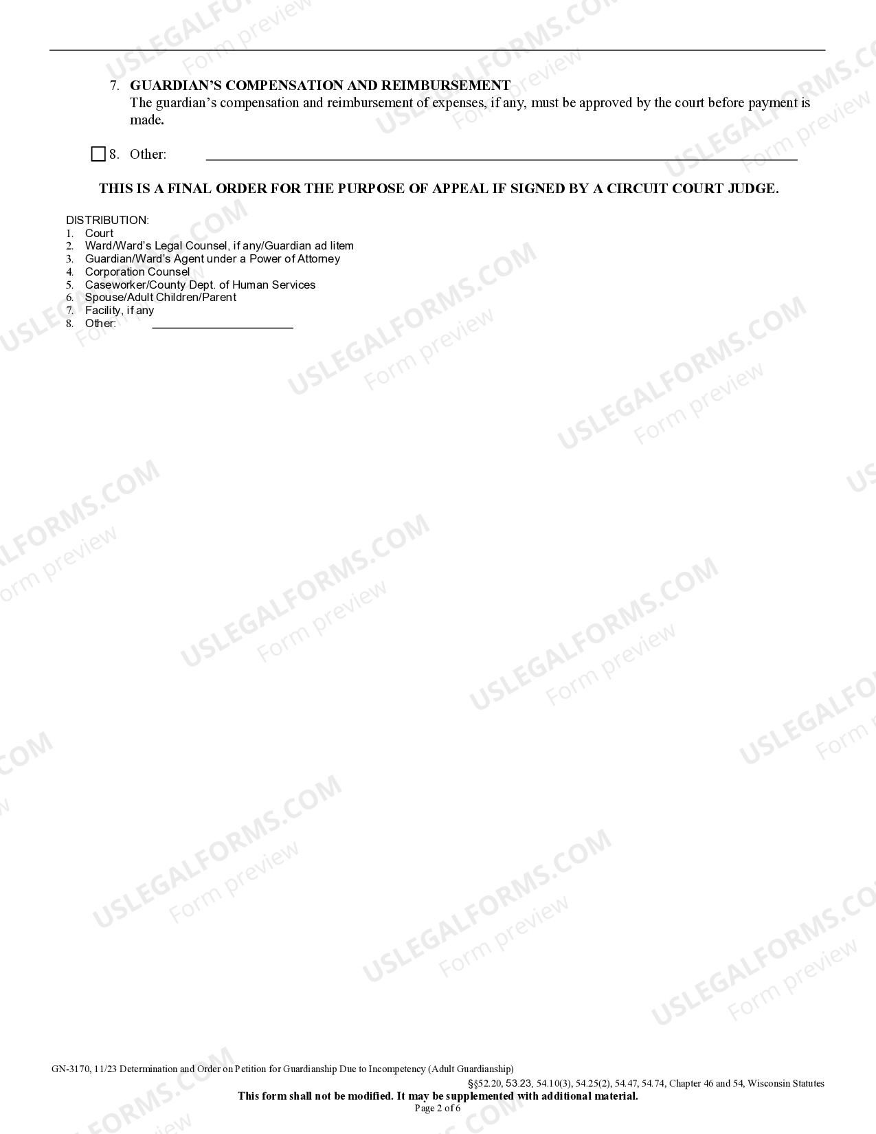 Wisconsin Determination And Order On Petition For Guardianship Due To 