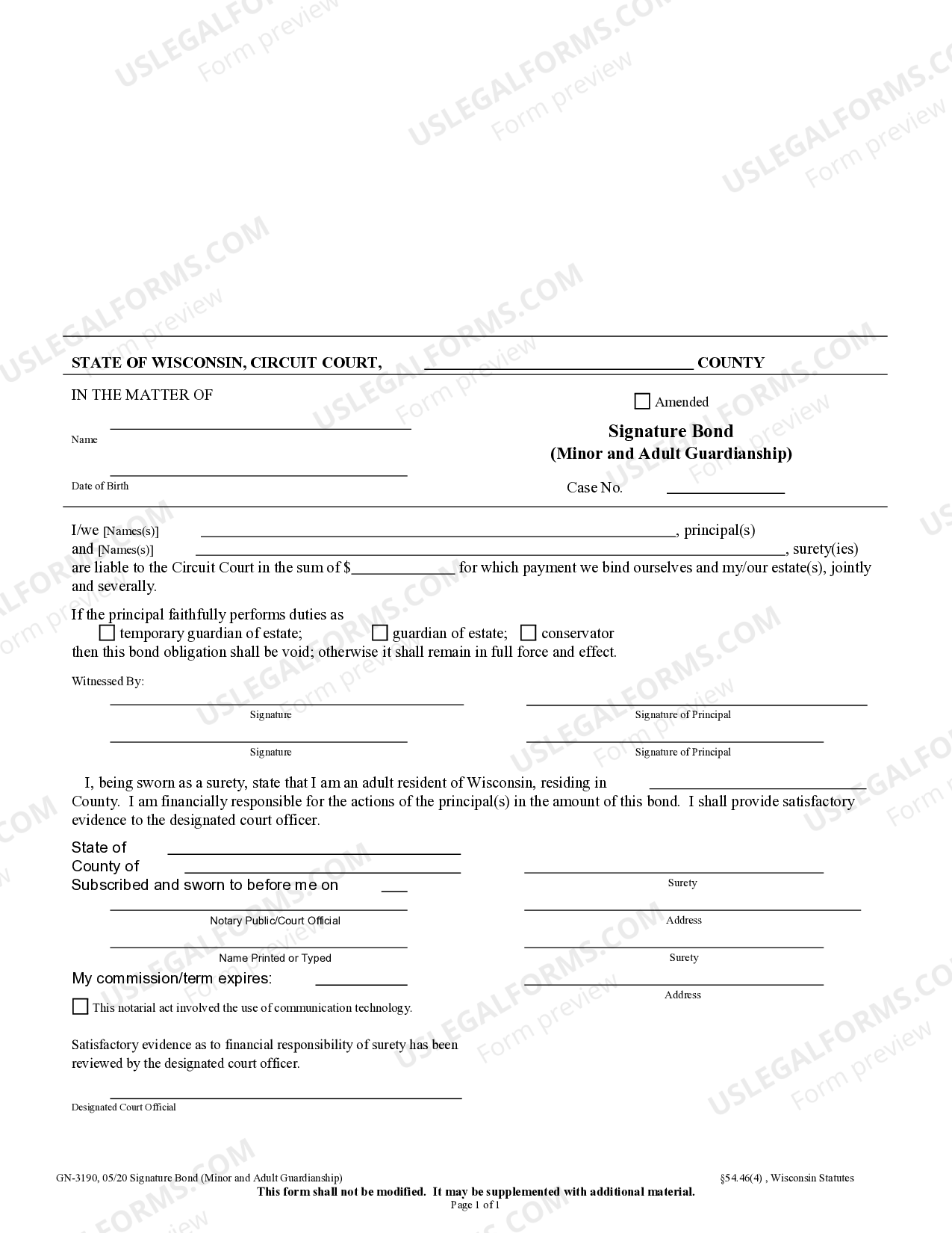 Wisconsin Signature Bond of Guardian of Estate or Conservator US