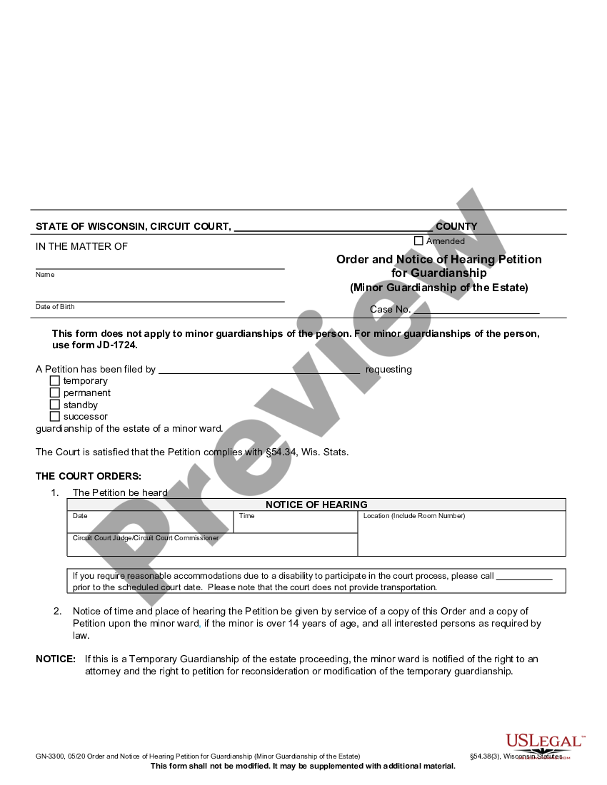 Wisconsin Order And Notice Of Hearing Petition For Guardianship Of ...