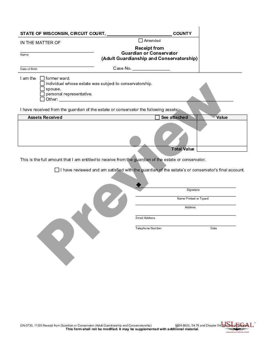 Wisconsin Receipt form Guardian or Conservator | US Legal Forms