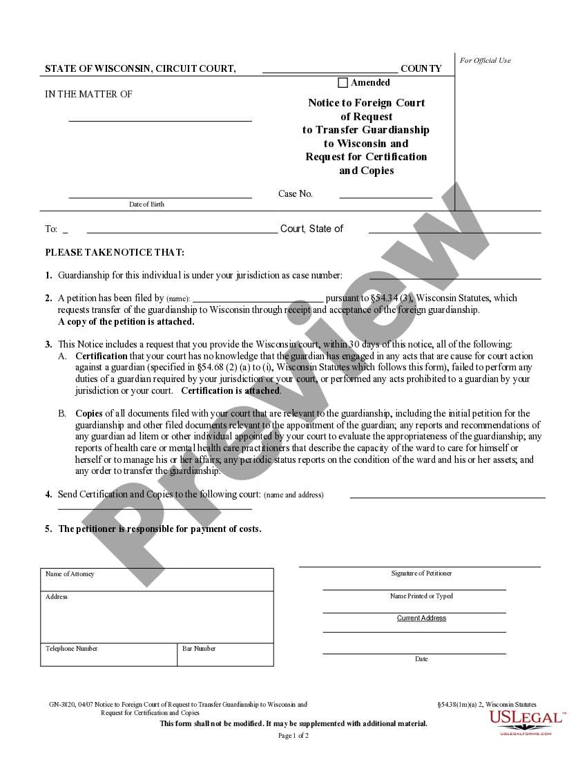 Green Bay Notice To Foreign Court Of Request To Transfer Guardianship 