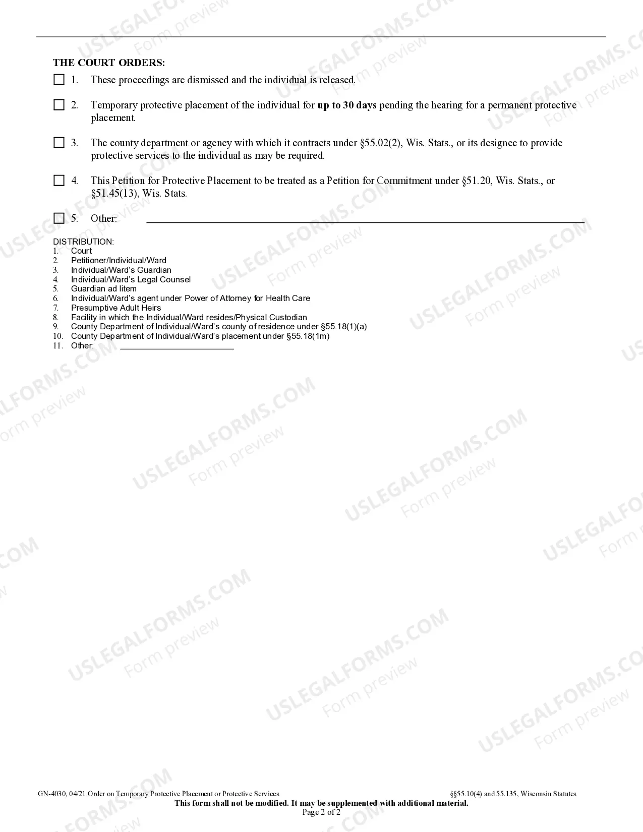 Preview Order on Temporary Protective Placement or Protective Services