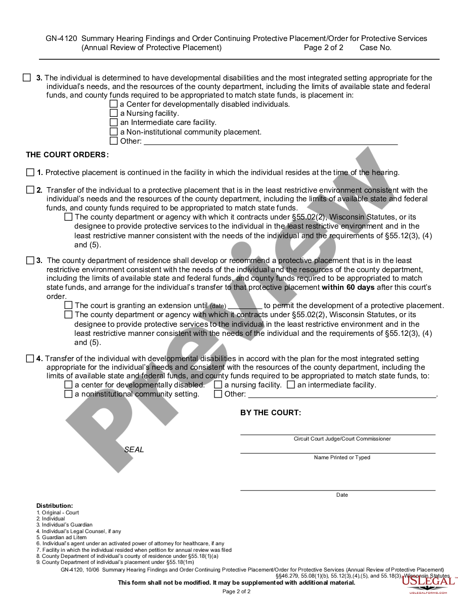 form Summary Hearing Findings And Order Continuing Protective Placement Order For Protective Services (Annual Review Of Protective Placement) preview