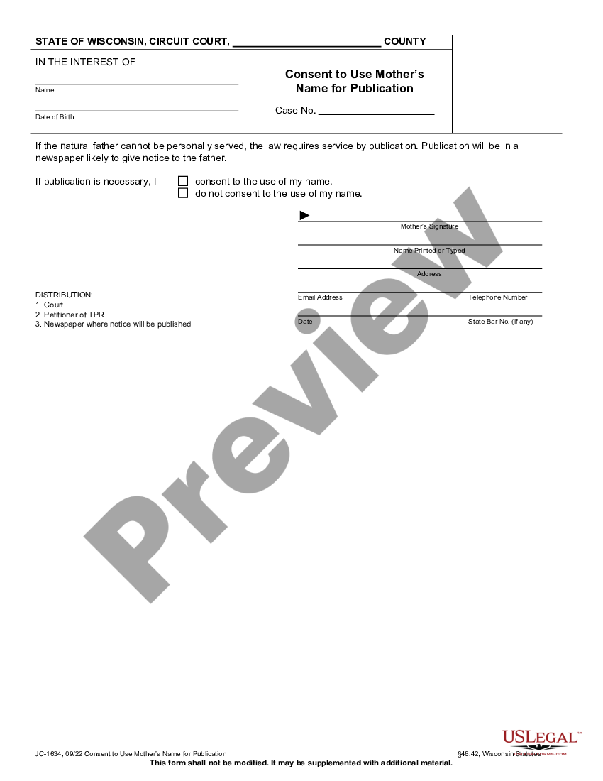 form Consent to Use Mother's Name for Publication preview