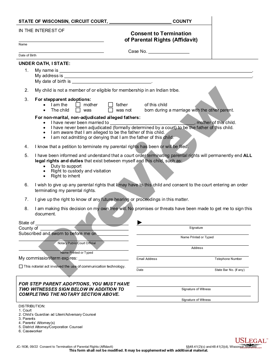 form Consent to Termination of Parental Rights - Affidavit preview