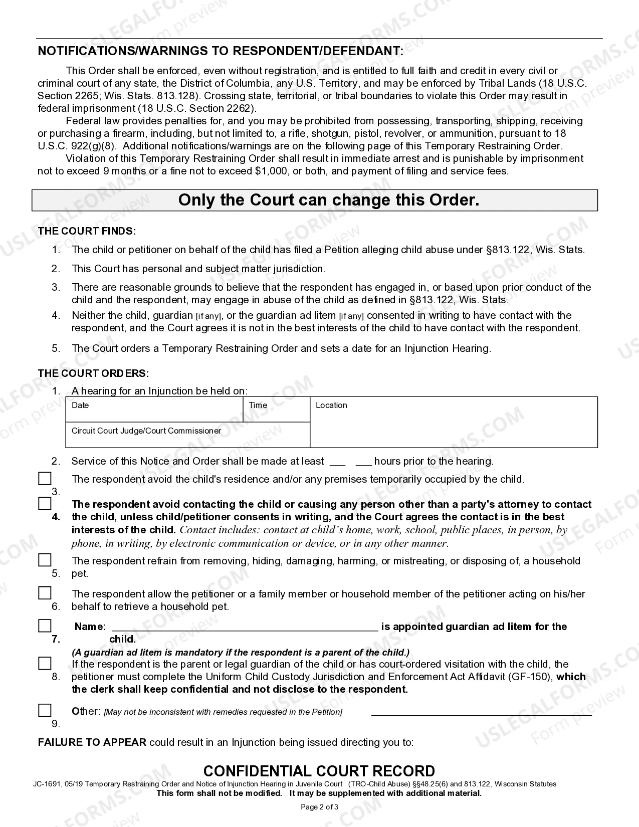 Preview Notice of Hearing - Temporary Restraining Order - Child Abuse
