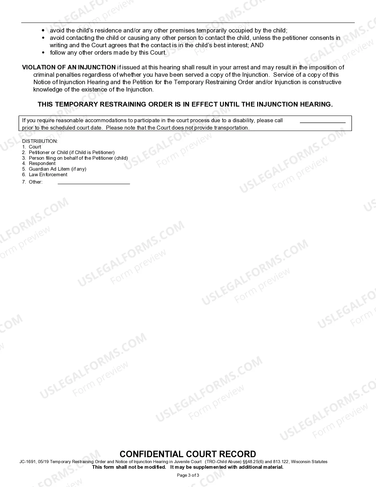 Preview Notice of Hearing - Temporary Restraining Order - Child Abuse