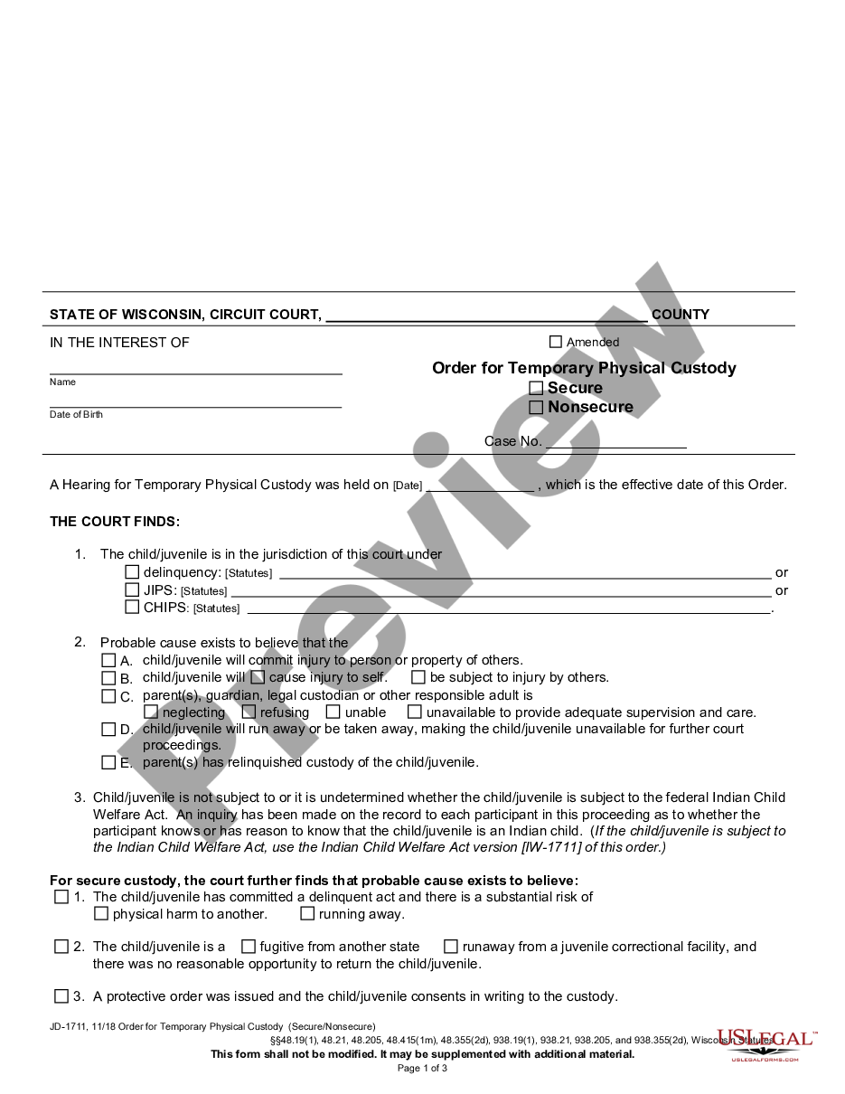 page 0 Order for Temporary Physical Custody - Secure - Nonsecure preview