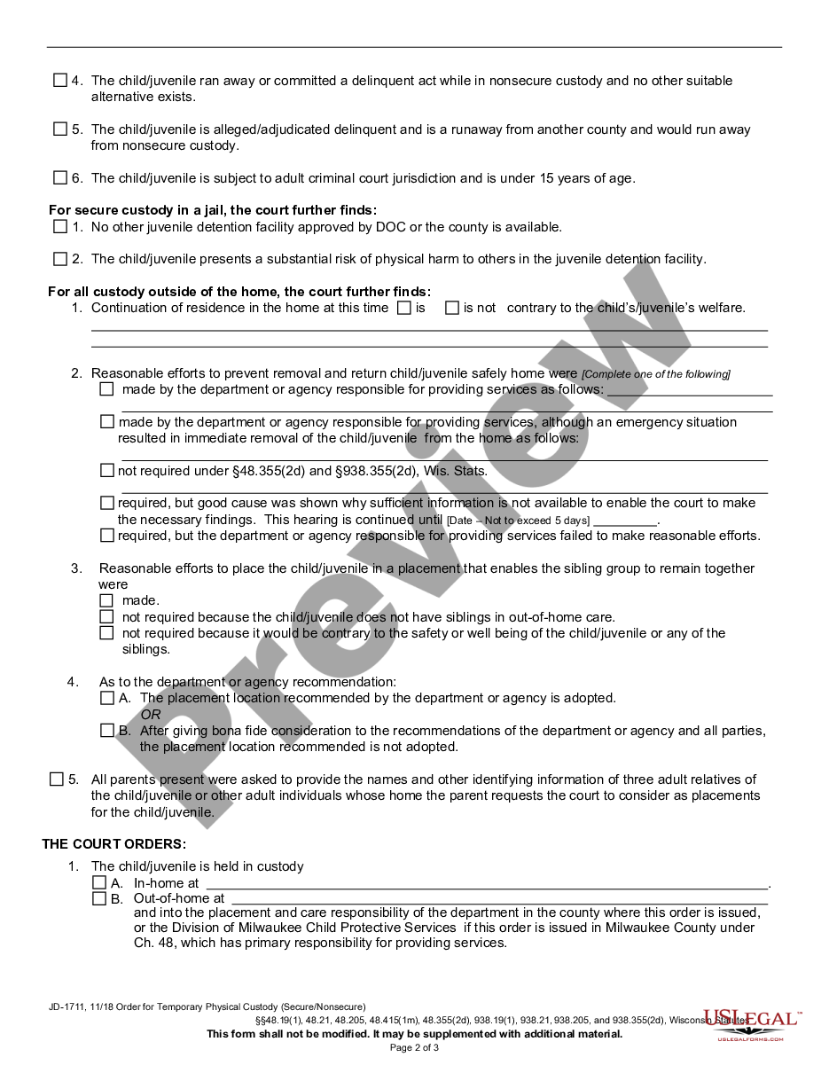 page 1 Order for Temporary Physical Custody - Secure - Nonsecure preview