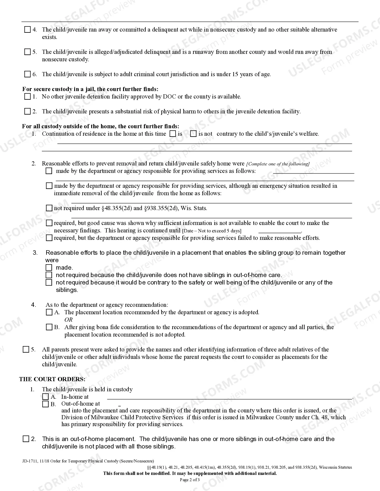Preview Order for Temporary Physical Custody - Secure - Nonsecure