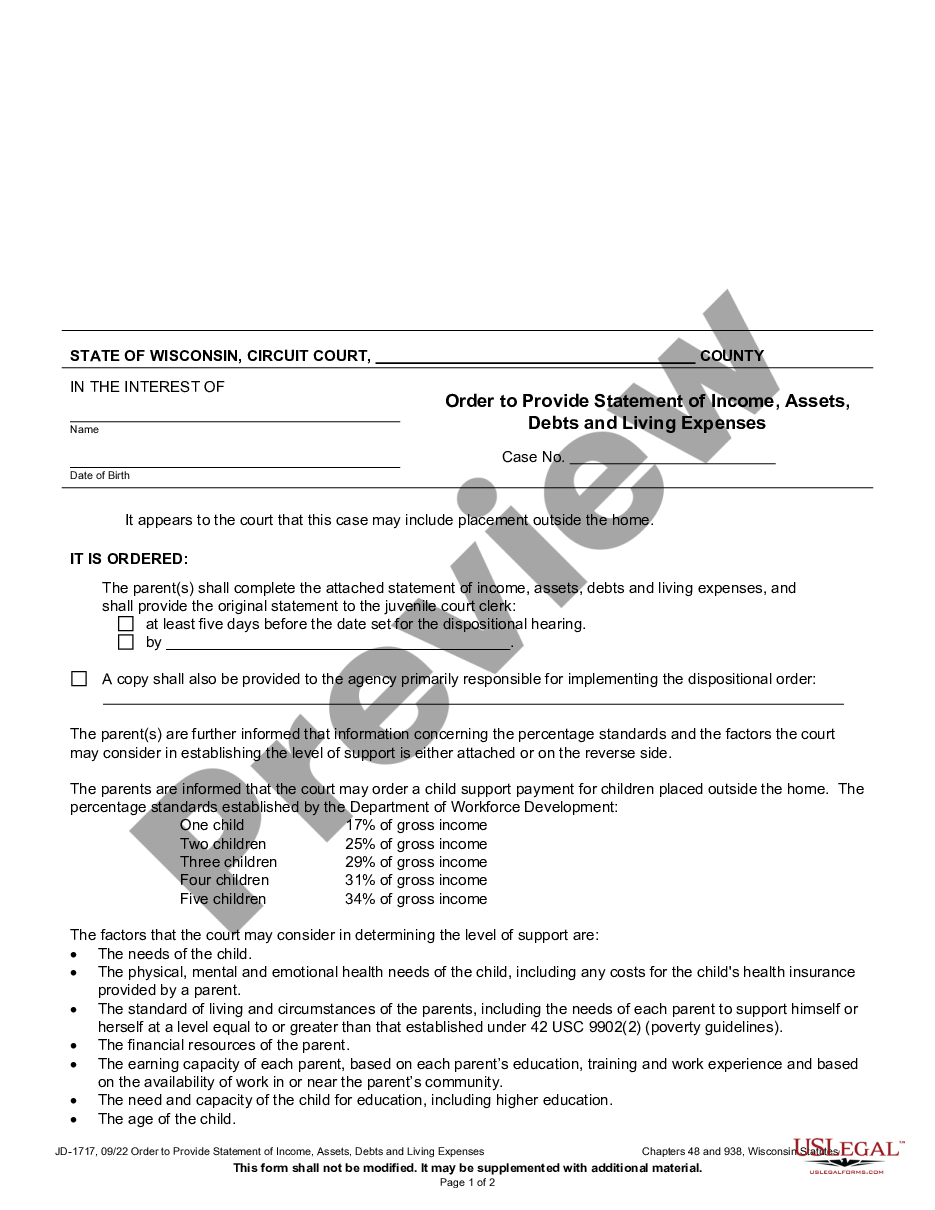 page 0 Order To Provide Statement of Income, Assets, Debts, and Living Expenses preview