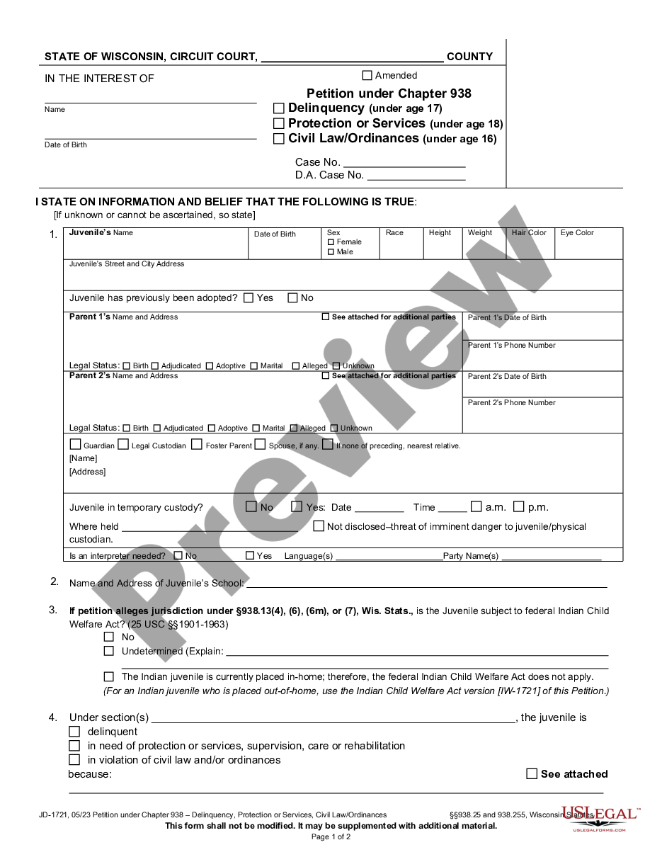 form Petition under Chapter 938 Delinquency Protection - Services, Civil Law - Ordinances preview