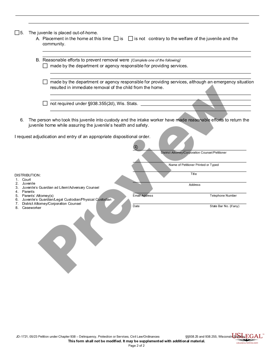 form Petition under Chapter 938 Delinquency Protection - Services, Civil Law - Ordinances preview