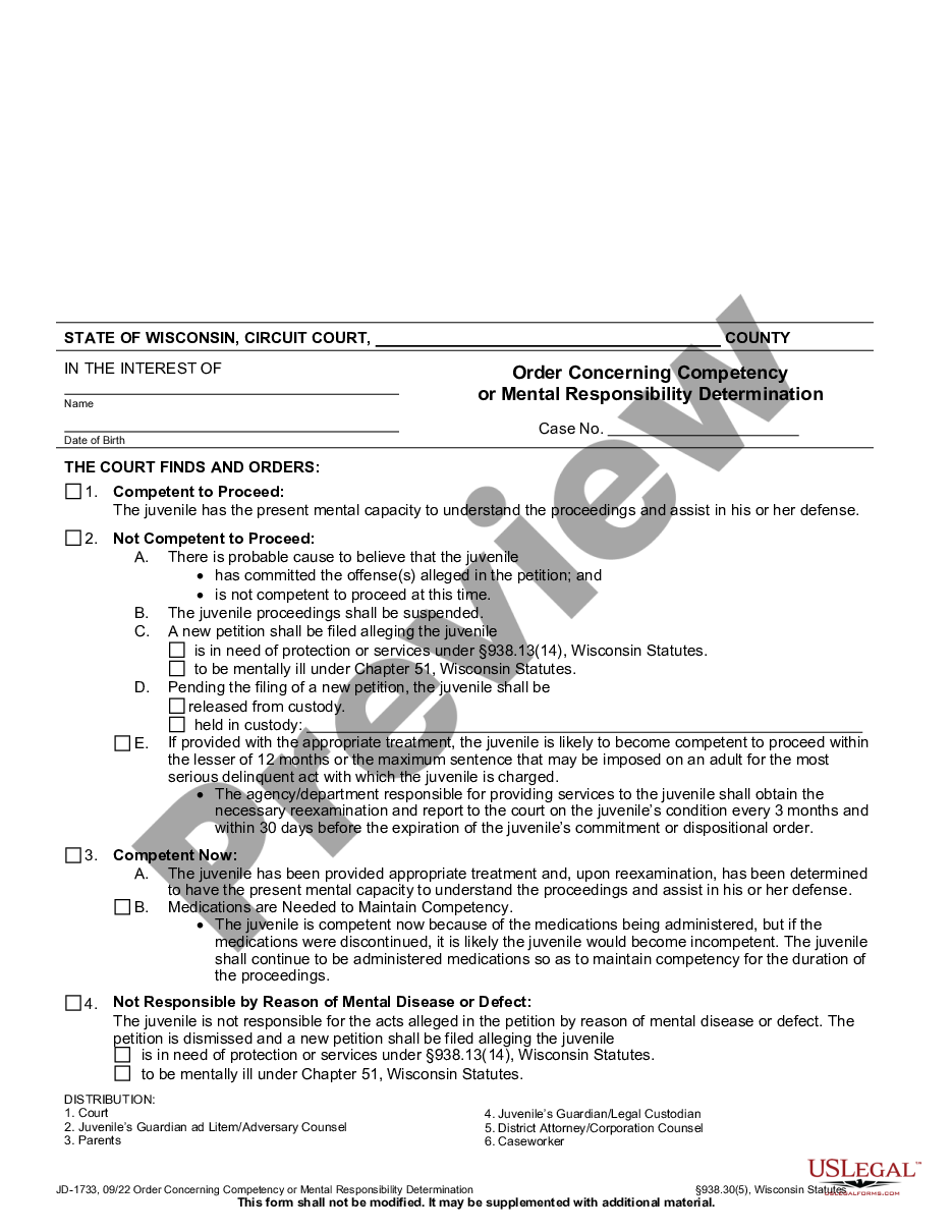 form Order Concerning Competency or Mental Responsibility Determination preview