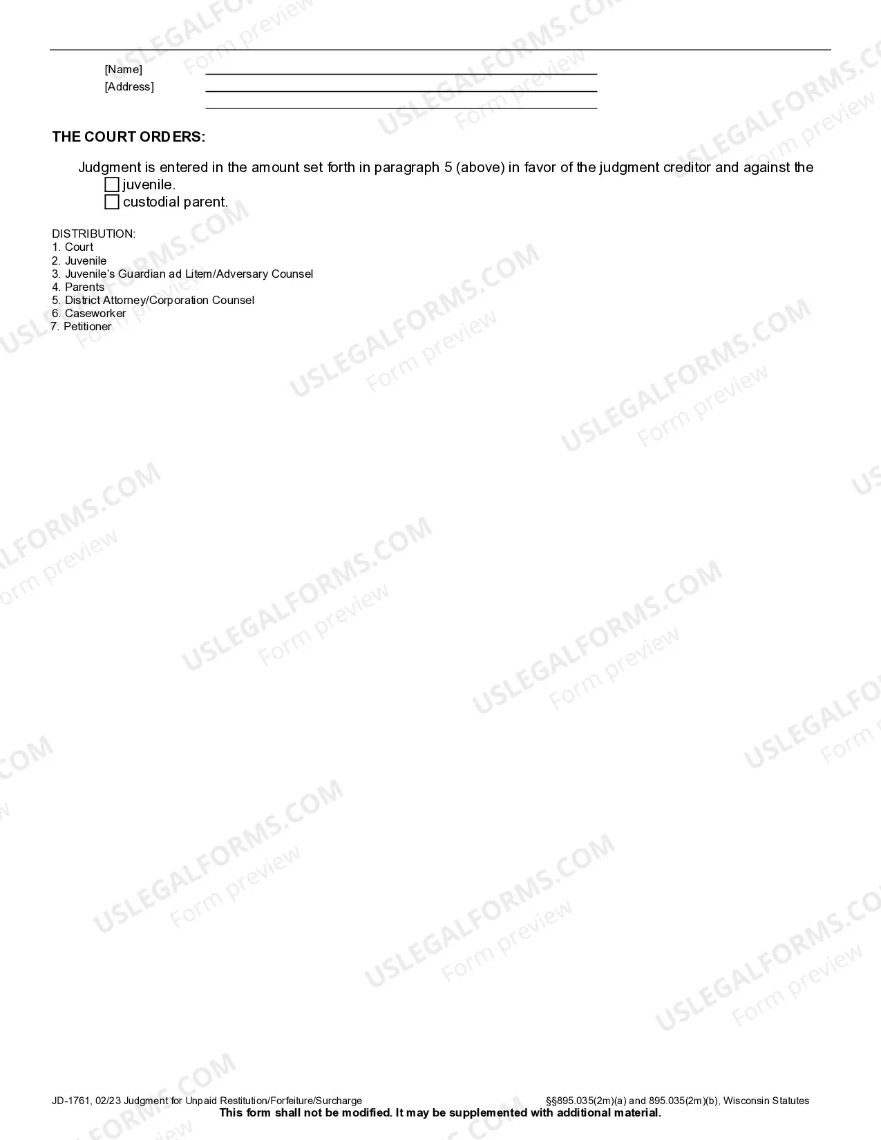 Preview Judgment for Unpaid Restitution - Forfeiture
