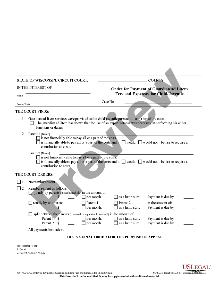 Wisconsin Order for Payment of Guardian ad Litem Fees and Expenses for