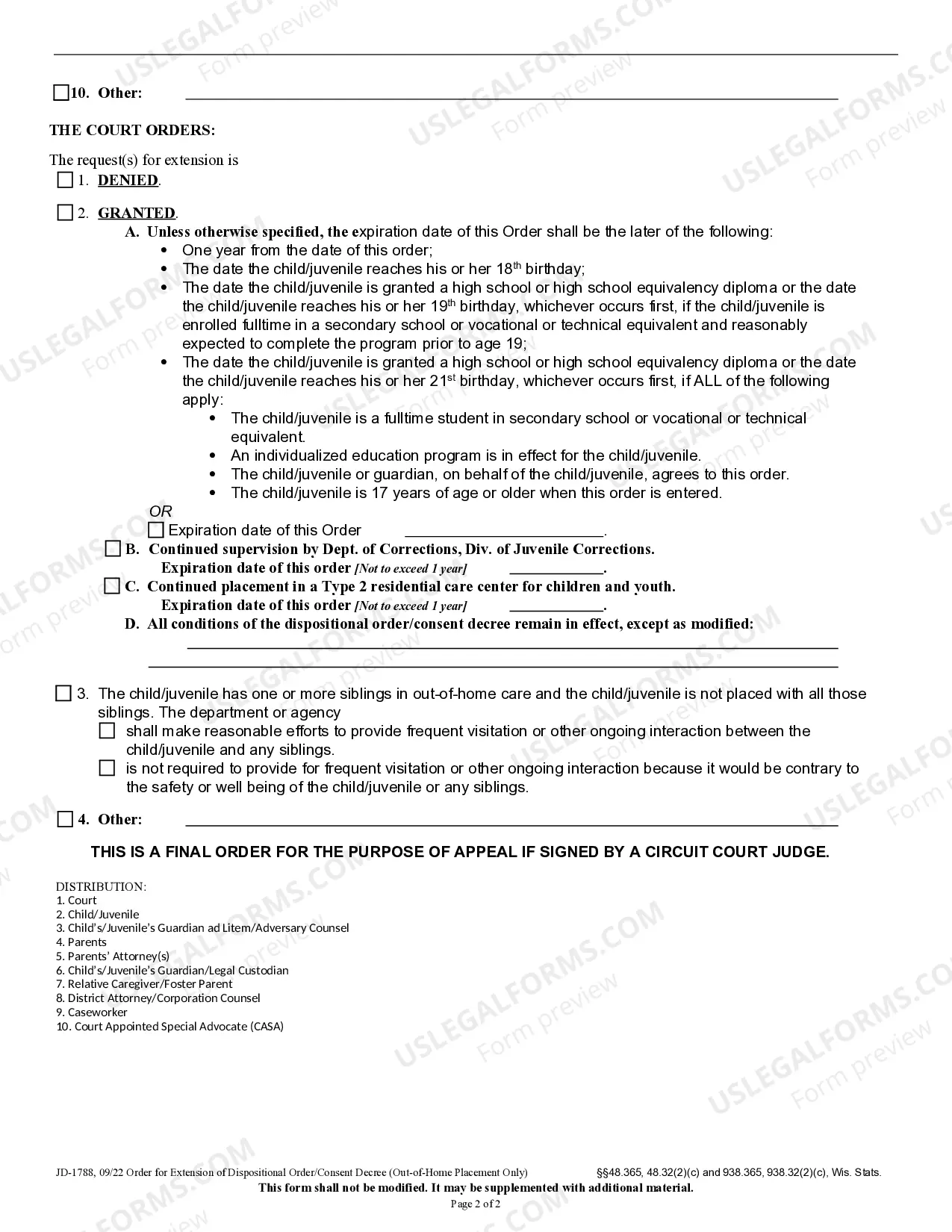 Preview Order For Extension Of Dispositional Order Consent Decree (Out Of Home Placement Only)