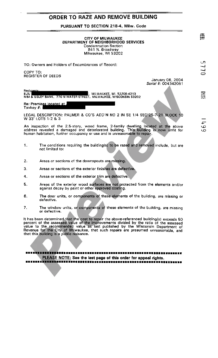 Preview Order To Raze And Remove Building Pursuant To Section 218-4 Milwaukee Code