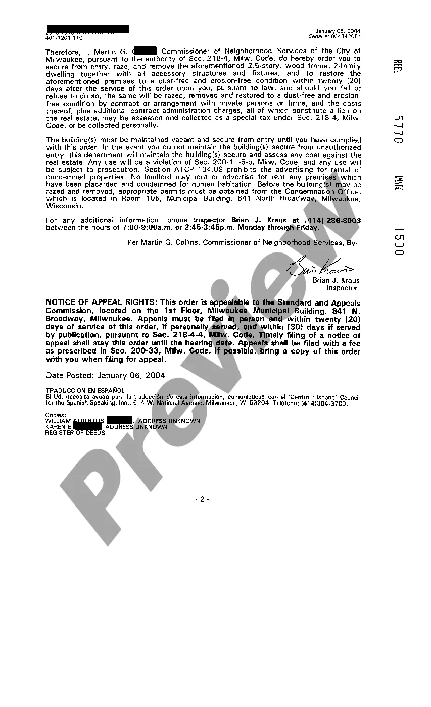 Preview Order To Raze And Remove Building Pursuant To Section 218-4 Milwaukee Code