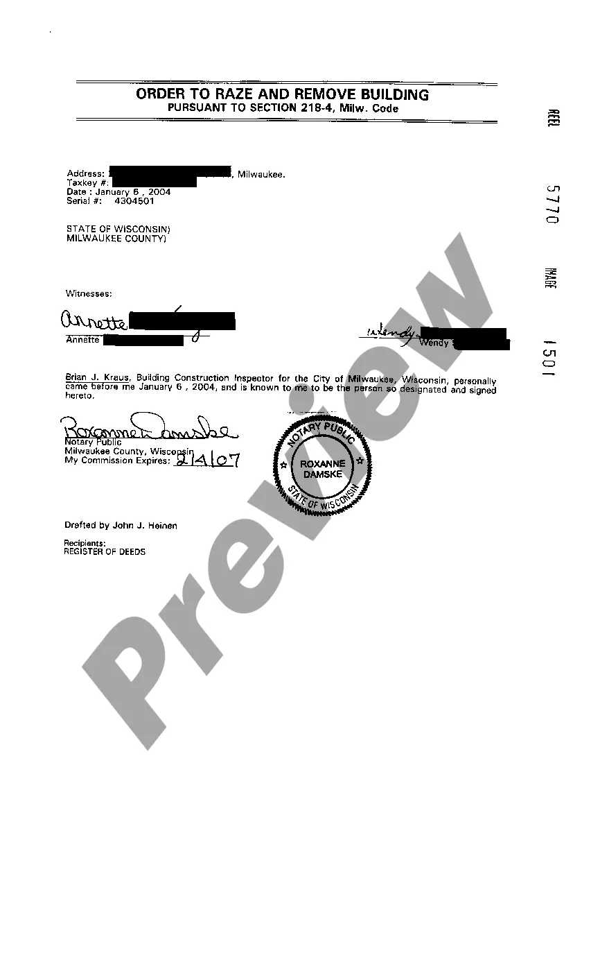 Preview Order To Raze And Remove Building Pursuant To Section 218-4 Milwaukee Code