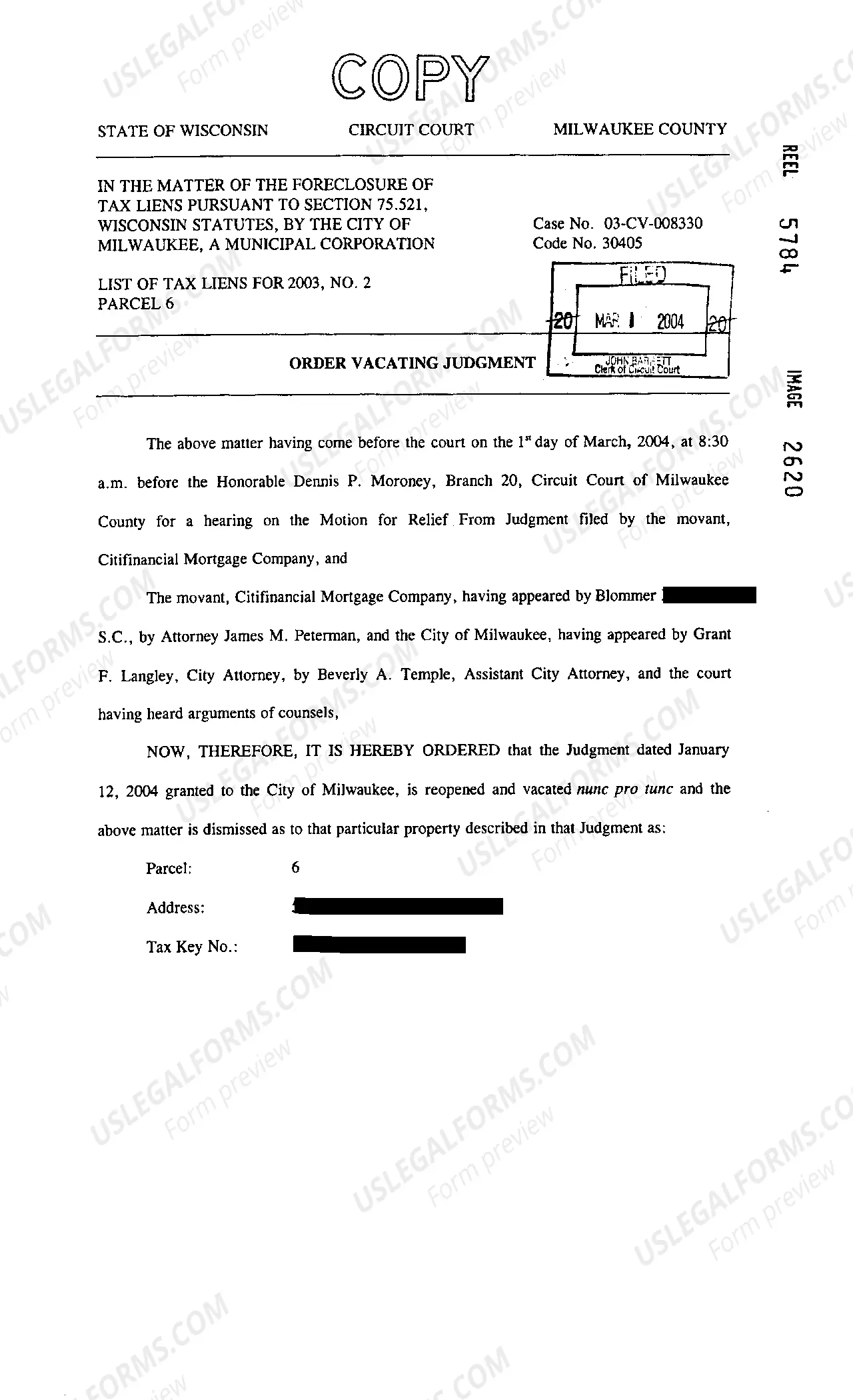 Preview Order Vacating Judgment